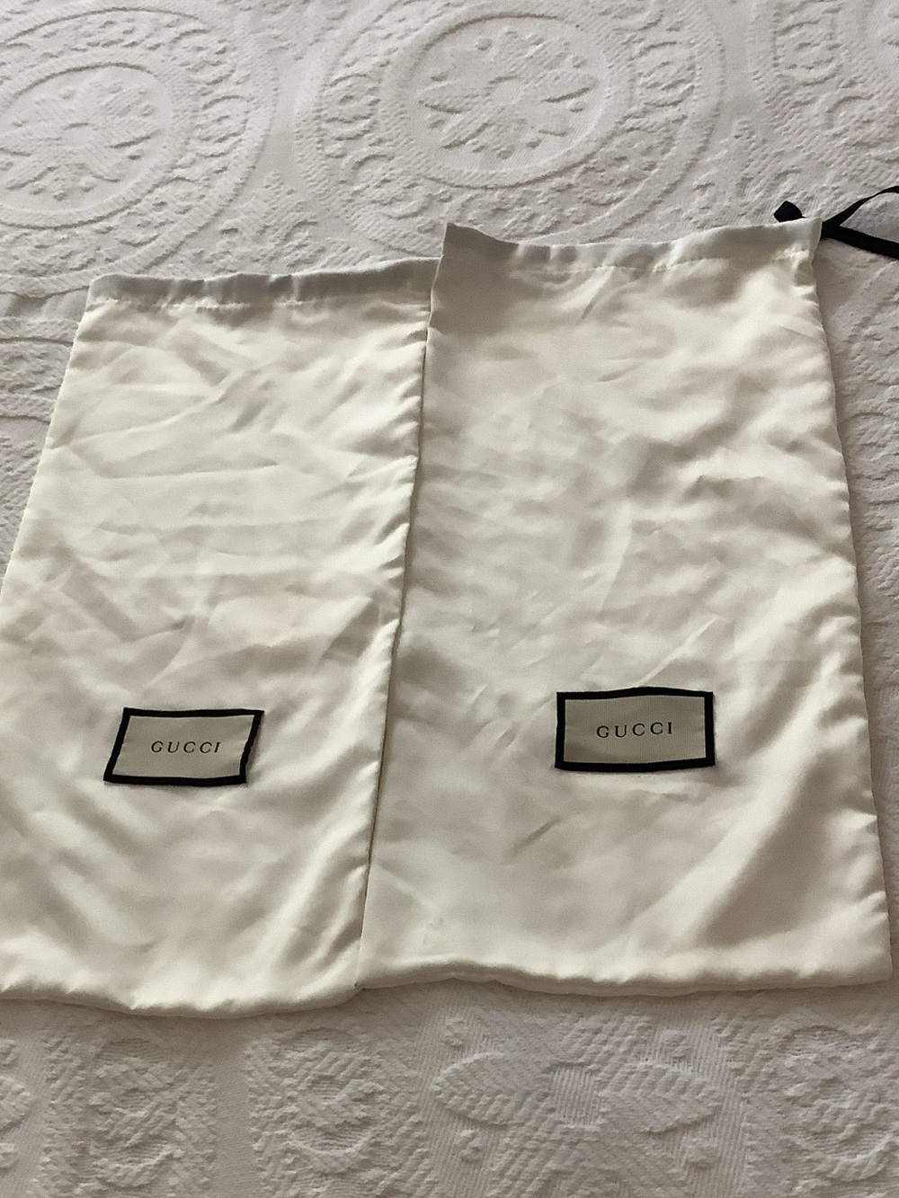 Gucci Ivory Satin Drawstring Dust Bags with Black Logo Trim